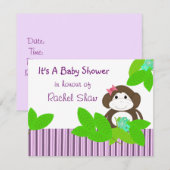 Paarse Stripes Monkey Baby shower Uitnodiging (Voorkant / Achterkant)