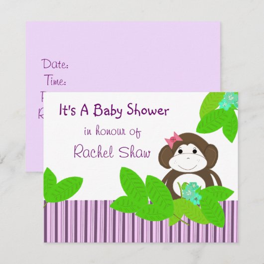 Paarse Stripes Monkey Baby shower Uitnodiging (Voorkant / Achterkant)