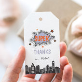 Paarse stripheld verjaardag cadeaulabel