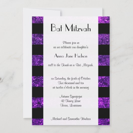 Paarse strips, Glitter Stripes, Bat Mitzvah Kaart (Voorkant)