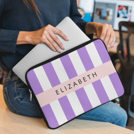 Paarse strips, strips, lijnen, Jouw naam Laptop Sleeve