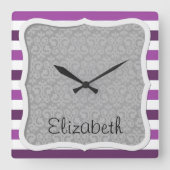Paarse strips, strips, lijnen, Jouw naam Vierkante Klok (Voorkant)