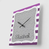 Paarse strips, strips, lijnen, Jouw naam Vierkante Klok (Hoek)