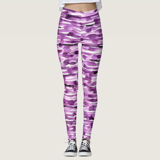 Paarse strips voor Abstracte Waterverf Leggings (Voorkant)