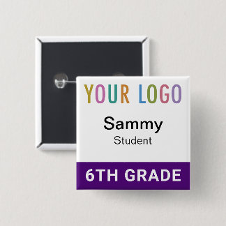 Paarse studentennaamspeldrukknop met school logo vierkante button 5,1 cm