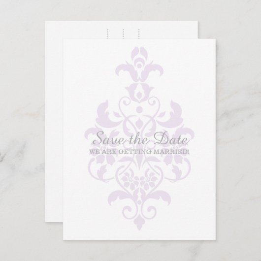 Paarse Subtle Damask Save the Date Briefkaart (Voorkant / Achterkant)