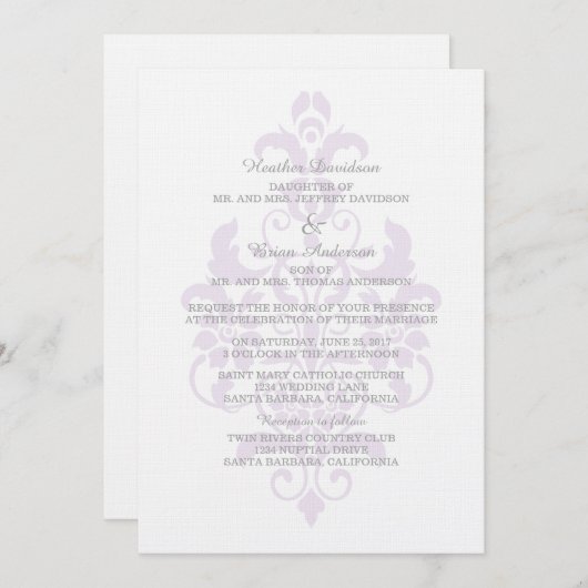 Paarse Subtle Damask Wedding Invite Kaart (Voorkant / Achterkant)