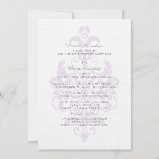 Paarse Subtle Damask Wedding Invite Kaart (Voorkant)
