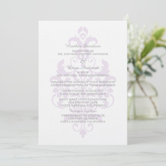 Paarse Subtle Damask Wedding Invite Kaart (Staand voorkant)