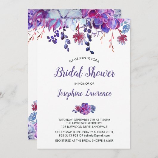 Paarse Succulent Foliage Bridal Shower Invitation Kaart (Voorkant / Achterkant)