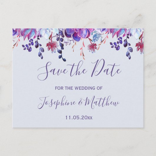 Paarse Succulenten Sla de datum op Aankondigingskaart (Voorkant)