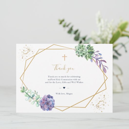 Paarse Succulents Communie Hartelijk dank Bedankkaart (Staand voorkant)