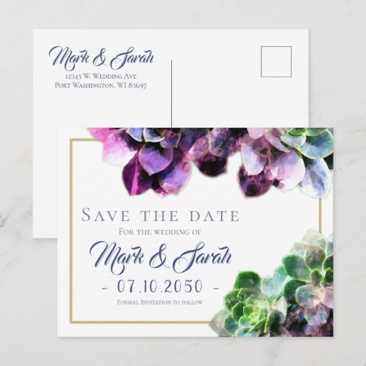 Paarse Succulents Wedding Save the Date Aankondigingskaart (Voorkant / Achterkant)