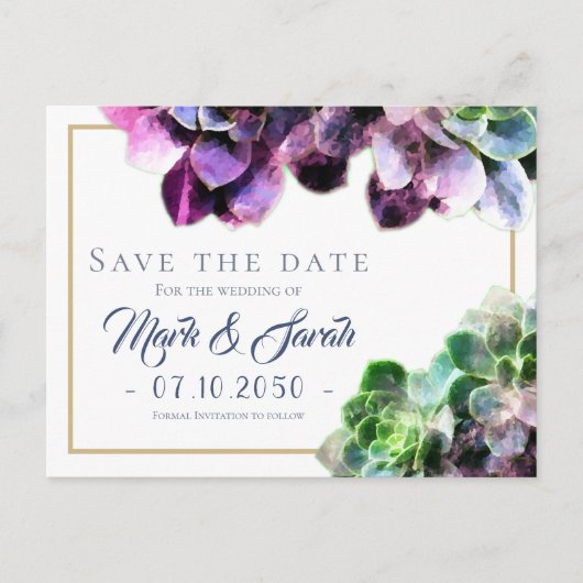 Paarse Succulents Wedding Save the Date Aankondigingskaart (Voorkant)