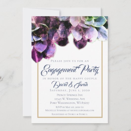Paarse Succulturen met Blue Text Engagement Party Kaart (Voorkant)