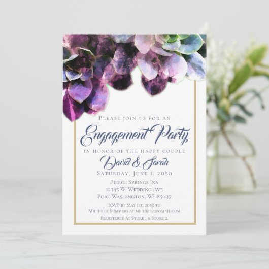 Paarse Succulturen met Blue Text Engagement Party Kaart (Staand voorkant)