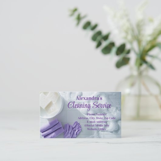 Paarse Suds Elegant Schoonmaakservice Huishouden Visitekaartje (Staand voorkant)