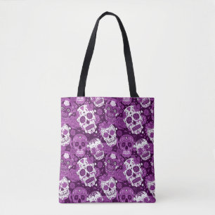Paarse suiker schedel bloem ornamentaal patroon tote bag