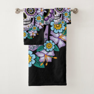 Paarse suikerschedel met bloemen bad handdoek