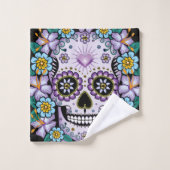 Paarse suikerschedel met bloemen bad handdoek (Wasdoekje)
