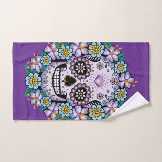 Paarse suikerschedel met bloemen bad handdoek (Handdoek)
