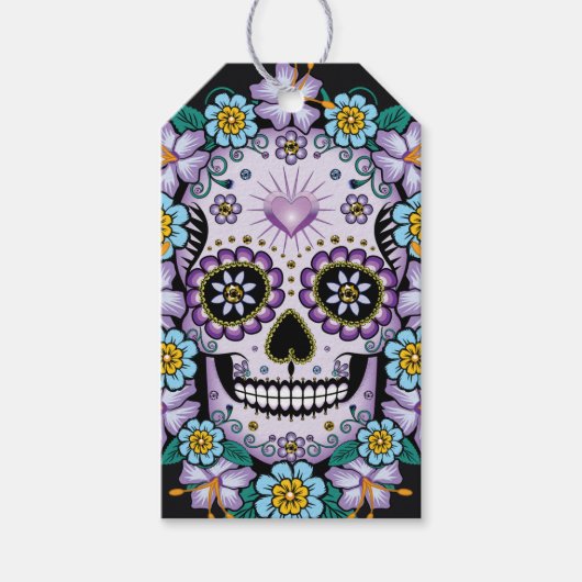 Paarse suikerschedel met bloemen cadeaulabel (Voorkant)