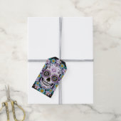 Paarse suikerschedel met bloemen cadeaulabel (Met Touw)