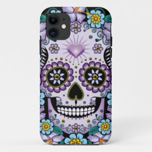 Paarse suikerschedel met bloemen Case-Mate iPhone case