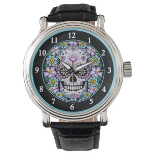 Paarse suikerschedel met bloemen horloge