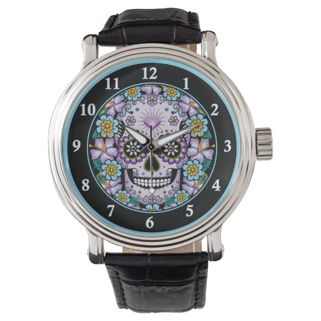 Paarse suikerschedel met bloemen horloge (Voorkant)
