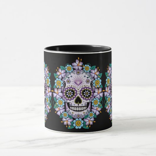 Paarse suikerschedel met bloemen mok (Midden)