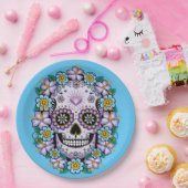 Paarse suikerschedel met bloemen papieren bordje (Feest)