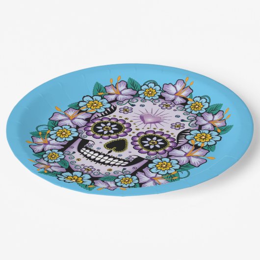 Paarse suikerschedel met bloemen papieren bordje (Gekanteld)