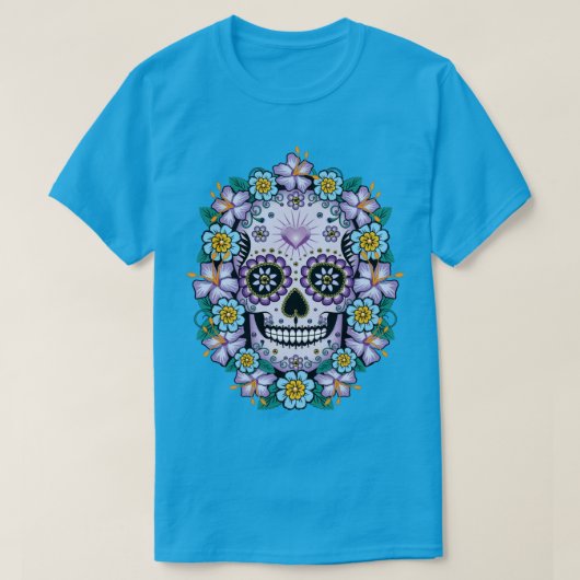 Paarse suikerschedel met bloemen t-shirt (Design voorkant)