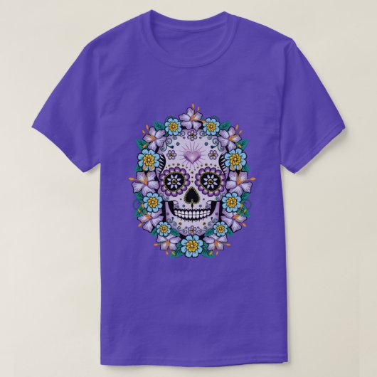 Paarse suikerschedel met bloemen t-shirt (Design voorkant)