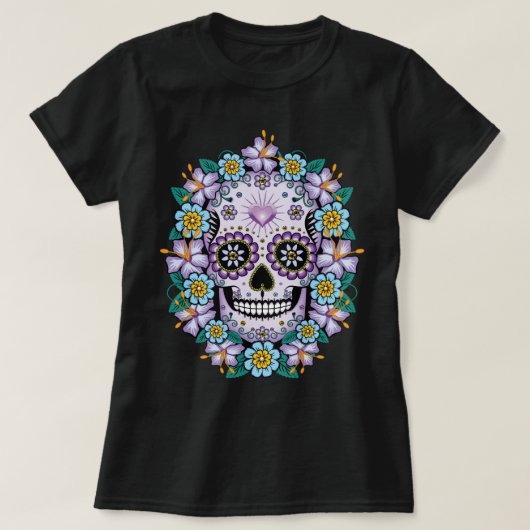 Paarse suikerschedel met bloemen t-shirt (Design voorkant)