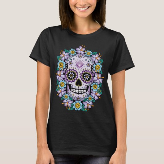 Paarse suikerschedel met bloemen t-shirt (Voorkant)