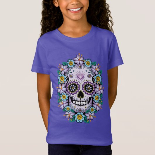 Paarse suikerschedel met bloemen t-shirt (Voorkant)