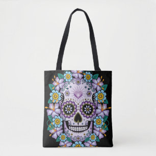 Paarse suikerschedel met bloemen tote bag