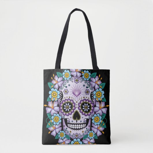 Paarse suikerschedel met bloemen tote bag (Voorkant)