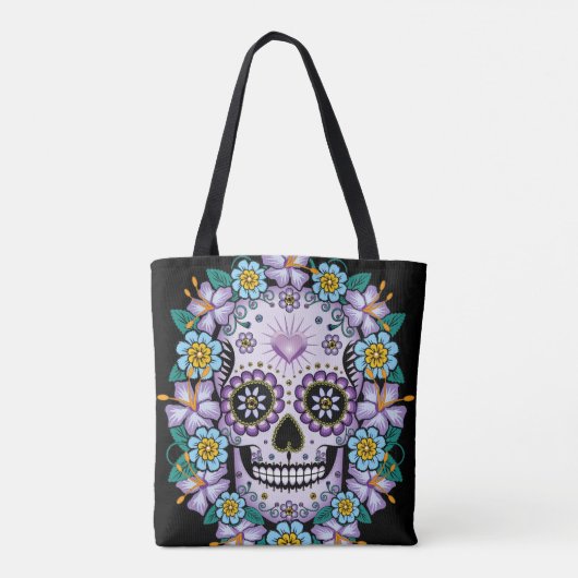 Paarse suikerschedel met bloemen tote bag (Achterkant)