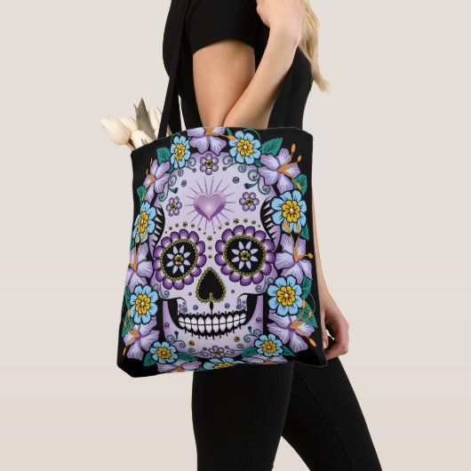 Paarse suikerschedel met bloemen tote bag (Dichtbij)