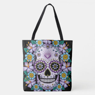 Paarse suikerschedel met bloemen tote bag