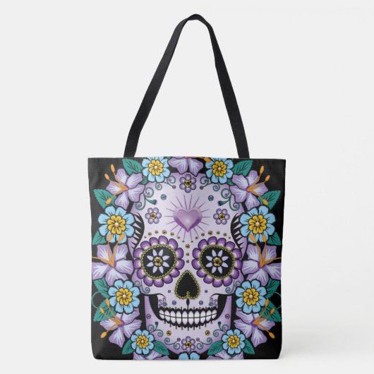 Paarse suikerschedel met bloemen tote bag (Voorkant)