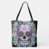 Paarse suikerschedel met bloemen tote bag (Achterkant)