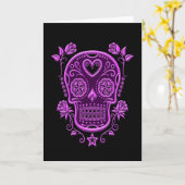 Paarse Suikerschedel met Rozen op zwart Kaart (Gele Bloem)