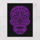 Paarse suikerschedel op zwart briefkaart (Voorkant)
