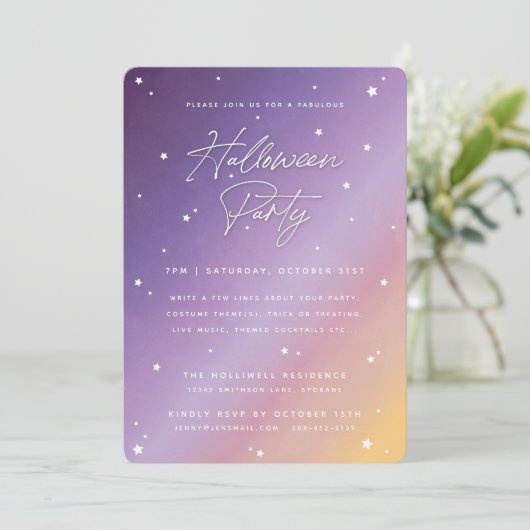 Paarse Sunset Script en Stars Halloween Party Kaart (Staand voorkant)