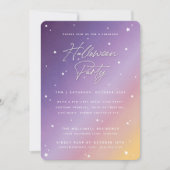 Paarse Sunset Script en Stars Halloween Party Kaart (Voorkant)