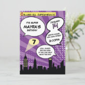 Paarse superhelden stripboek gestileerd verjaardag kaart (Staand voorkant)